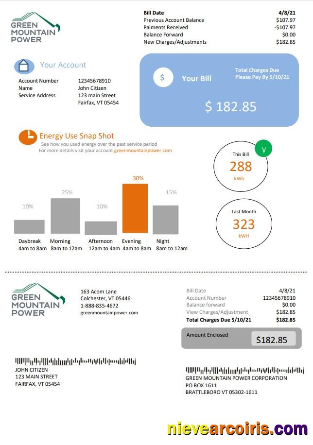 USA Vermont Green Mountain Power electricity utility bill